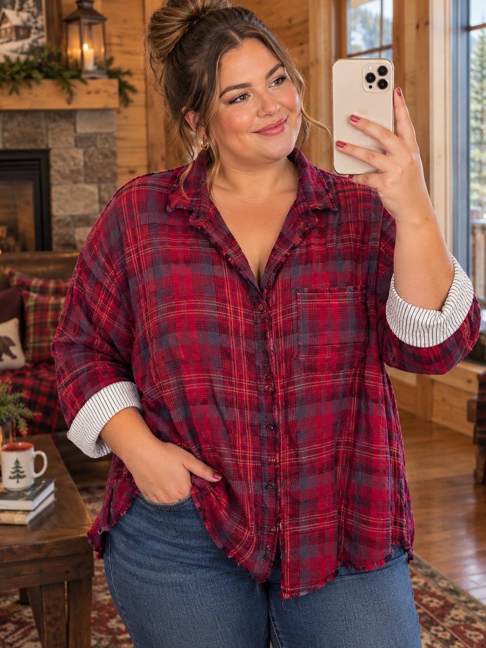 Soft Surroundings Triana Plaid Flannel Shirt L Red Distressed Raw Hem Oversized